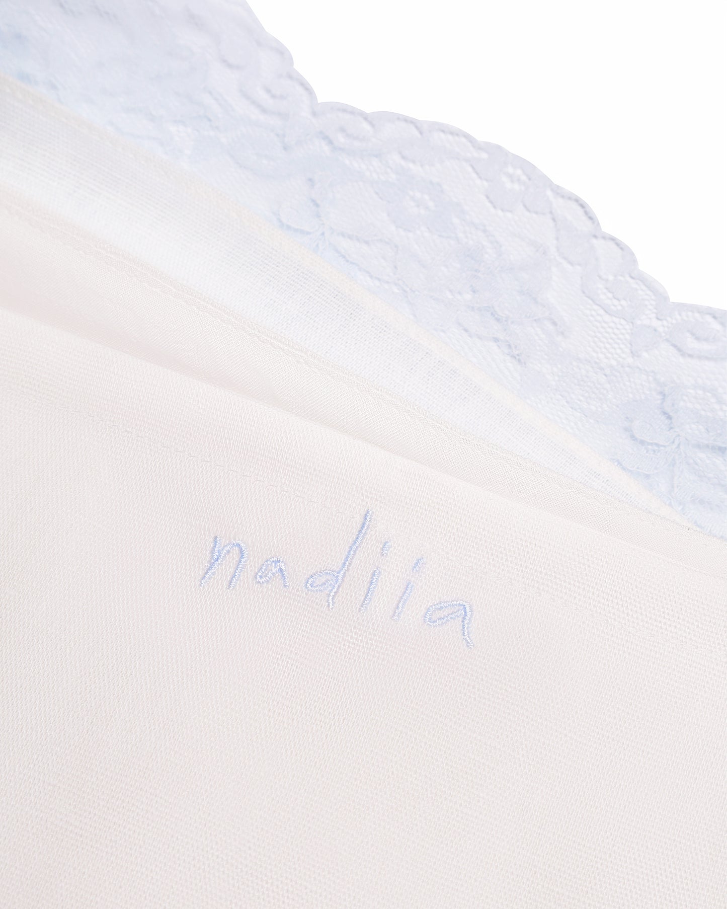 Купіть виріб ручної роботи Linen Shorts with Blue Lace “Baby Doll” від Nadiia World. Ідеальний вибір для додавання вишуканості та шарму до вашого житлового простору або колекції особистих аксесуарів.