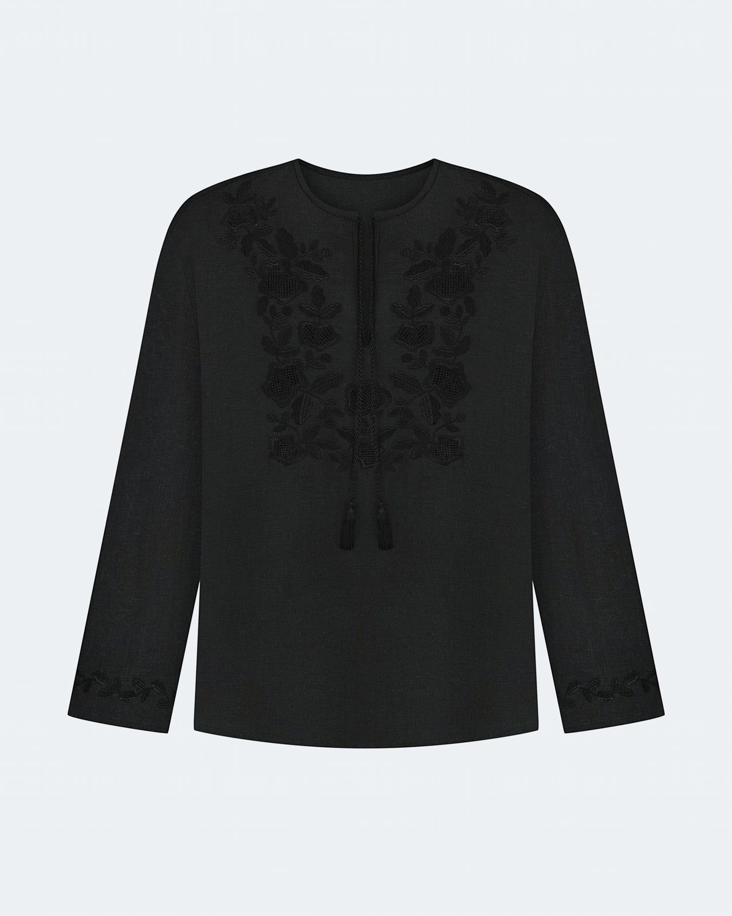 Купіть виріб ручної роботи Embroidered shirt Babylon XX in Black від Nadiia World. Ідеальний вибір для додавання вишуканості та шарму до вашого житлового простору або колекції особистих аксесуарів.