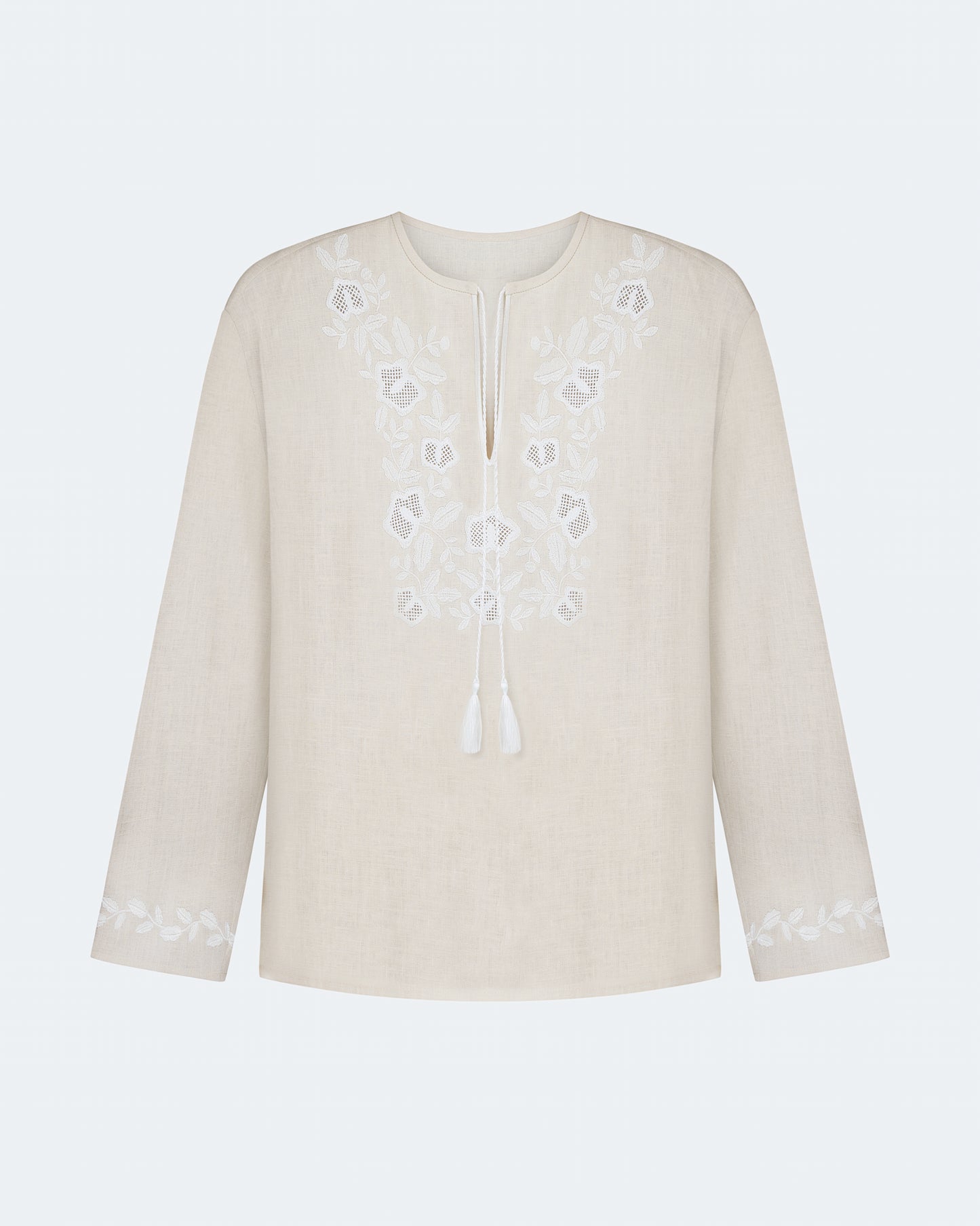 Купіть виріб ручної роботи Embroidered shirt Babylon XX in Unbleached Linen від Nadiia World. Ідеальний вибір для додавання вишуканості та шарму до вашого житлового простору або колекції особистих аксесуарів.