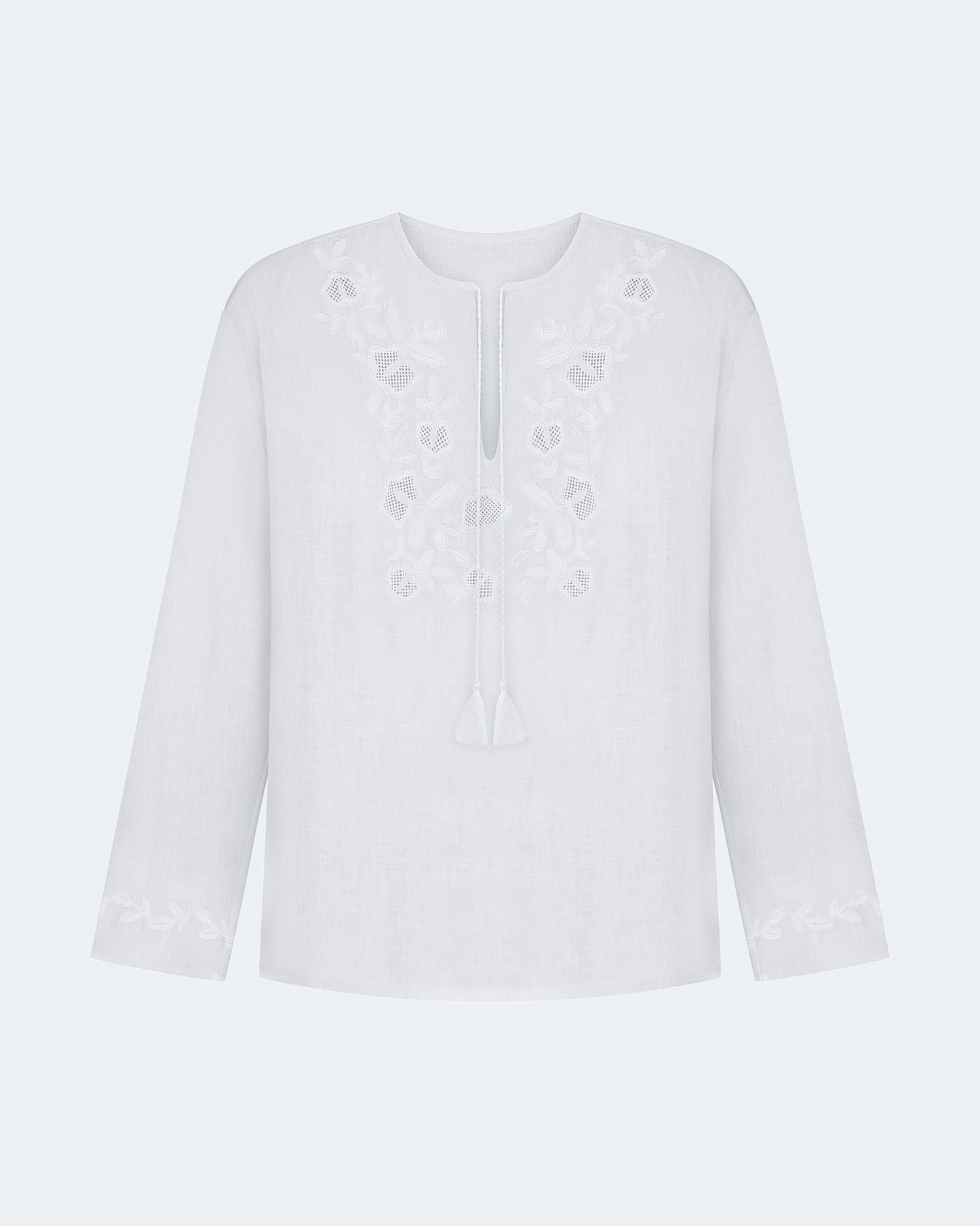 Купіть виріб ручної роботи Embroidered shirt Babylon XX in White від Nadiia World. Ідеальний вибір для додавання вишуканості та шарму до вашого житлового простору або колекції особистих аксесуарів.