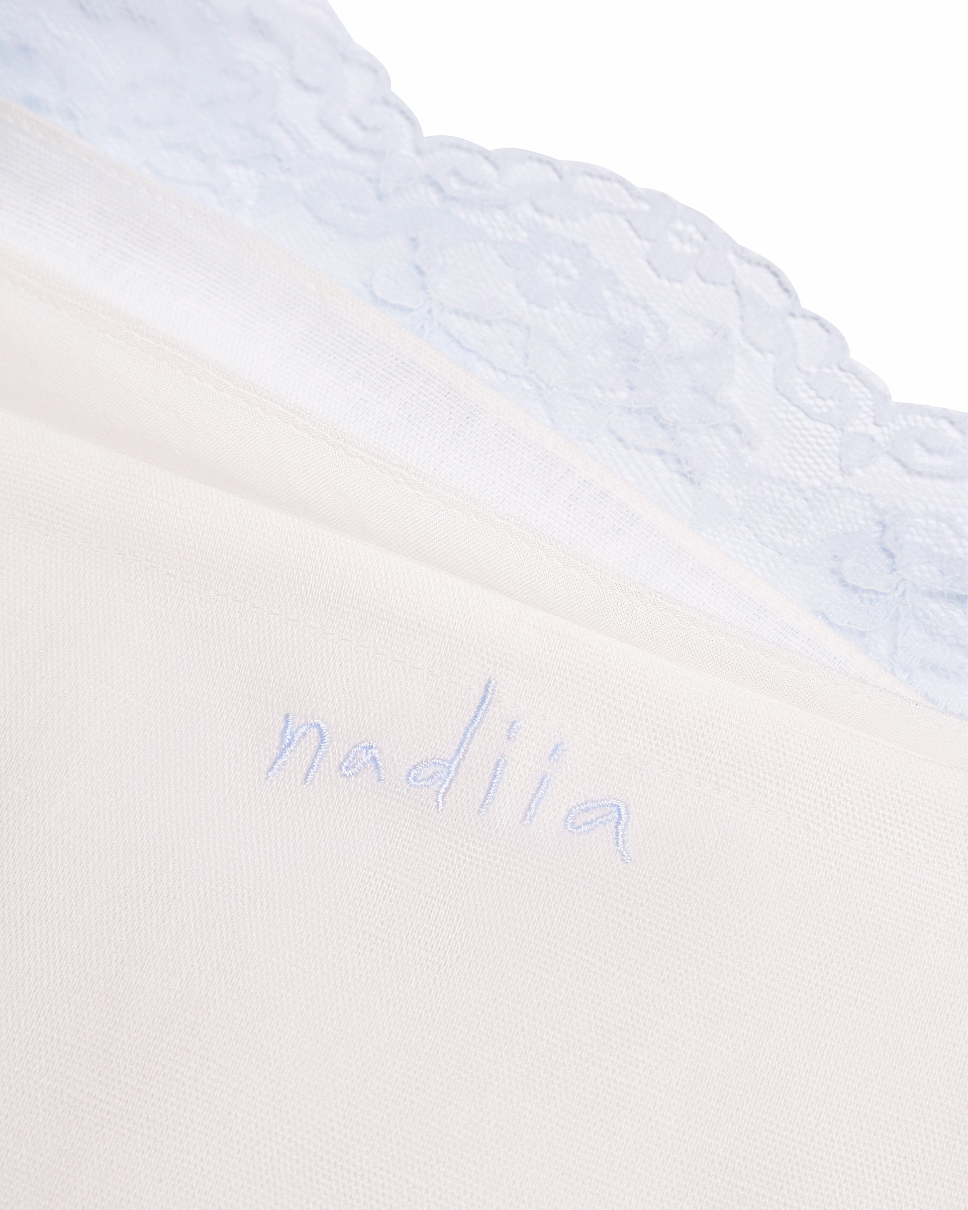 Купіть виріб ручної роботи Linen Shorts with Blue Lace “Baby Doll” від Nadiia World. Ідеальний вибір для додавання вишуканості та шарму до вашого житлового простору або колекції особистих аксесуарів.