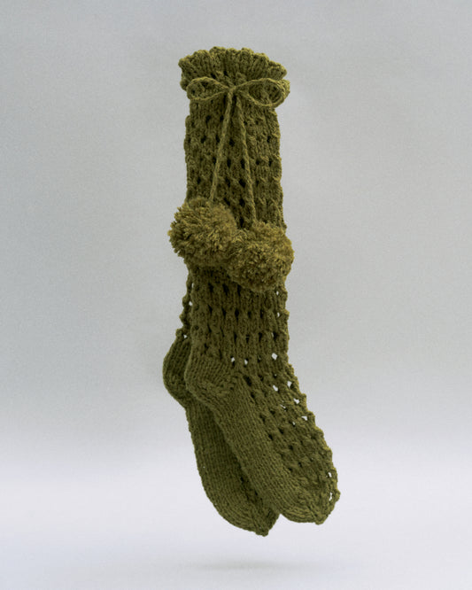 Knee Socks with Pompoms in Green
