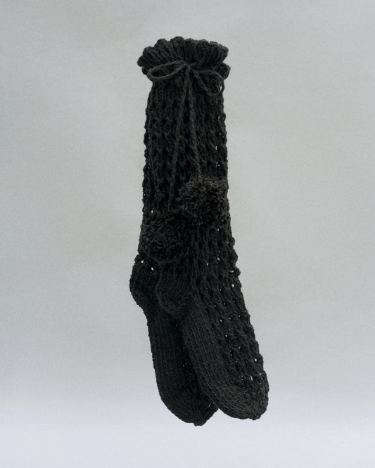 Knee Socks with Pompoms in Black