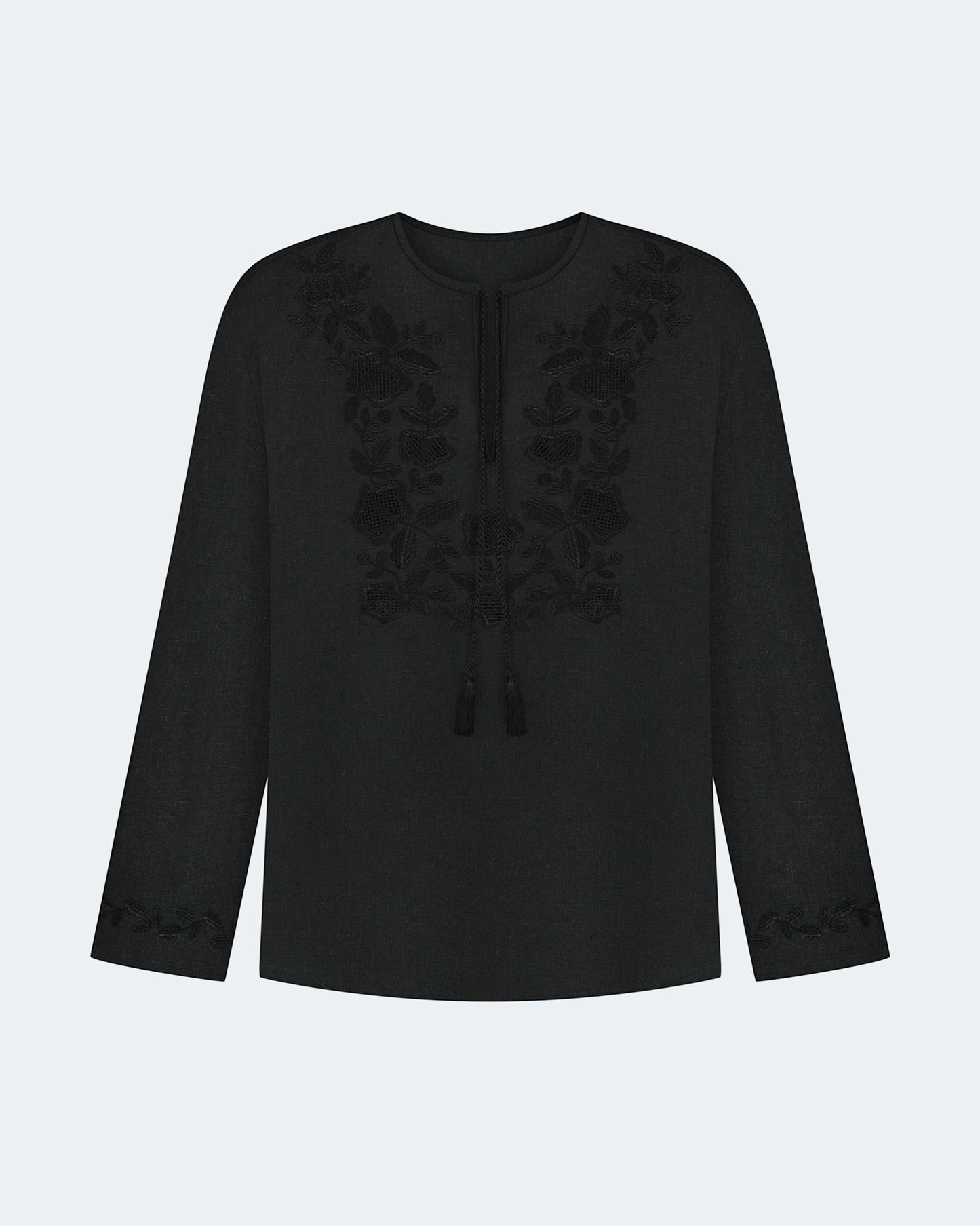 Купіть виріб ручної роботи Embroidered shirt Babylon XX in Black від Nadiia World. Ідеальний вибір для додавання вишуканості та шарму до вашого житлового простору або колекції особистих аксесуарів.