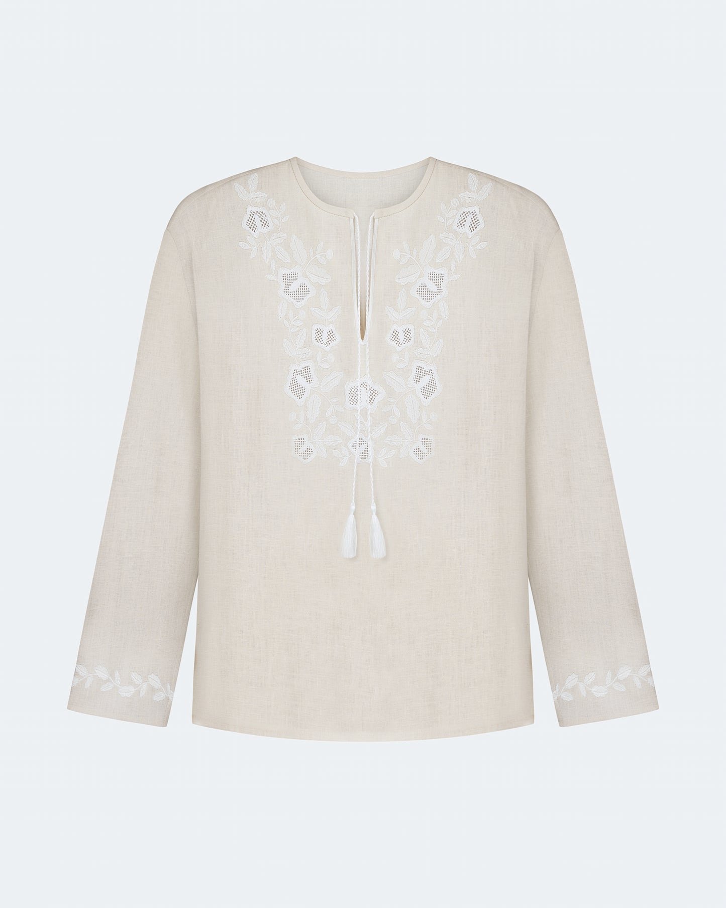 Купіть виріб ручної роботи Embroidered shirt Babylon XX in Unbleached Linen від Nadiia World. Ідеальний вибір для додавання вишуканості та шарму до вашого житлового простору або колекції особистих аксесуарів.