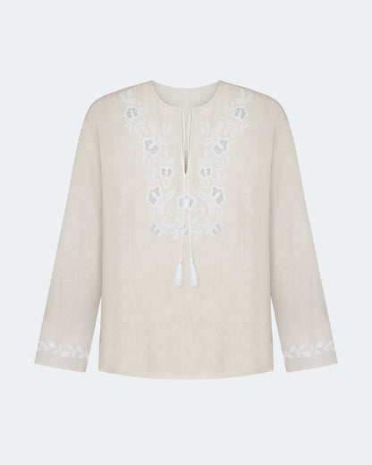 Купіть виріб ручної роботи Embroidered shirt Babylon XX in Unbleached Linen від Nadiia World. Ідеальний вибір для додавання вишуканості та шарму до вашого житлового простору або колекції особистих аксесуарів.