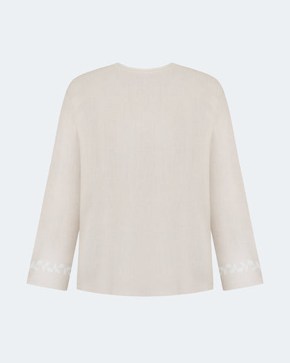 Купіть виріб ручної роботи Embroidered shirt Babylon XX in Unbleached Linen від Nadiia World. Ідеальний вибір для додавання вишуканості та шарму до вашого житлового простору або колекції особистих аксесуарів.