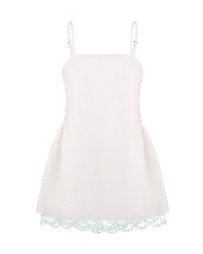 Купіть виріб ручної роботи Linen Dress with Mentol Lace “Baby Doll” від Nadiia World. Ідеальний вибір для додавання вишуканості та шарму до вашого житлового простору або колекції особистих аксесуарів.